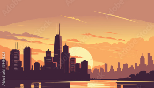 Vector Silhouette of Modern Cityscape in Golden Hour