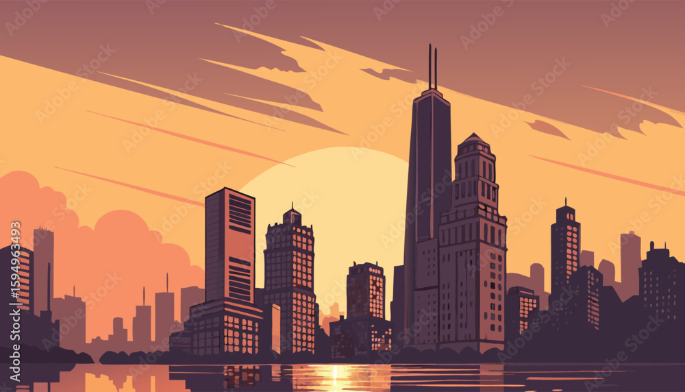 Fototapeta premium Urban City Skyline at Sunset with Water Reflection