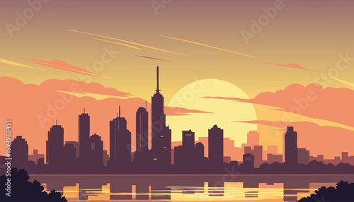 Urban City Skyline at Sunset with Water Reflection