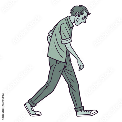 Simple zombie with shambling gait and greenish tint, isolated for spooky Halloween art.
