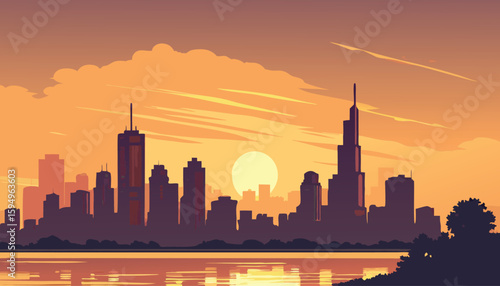 Vector Silhouette of Modern Cityscape in Golden Hour