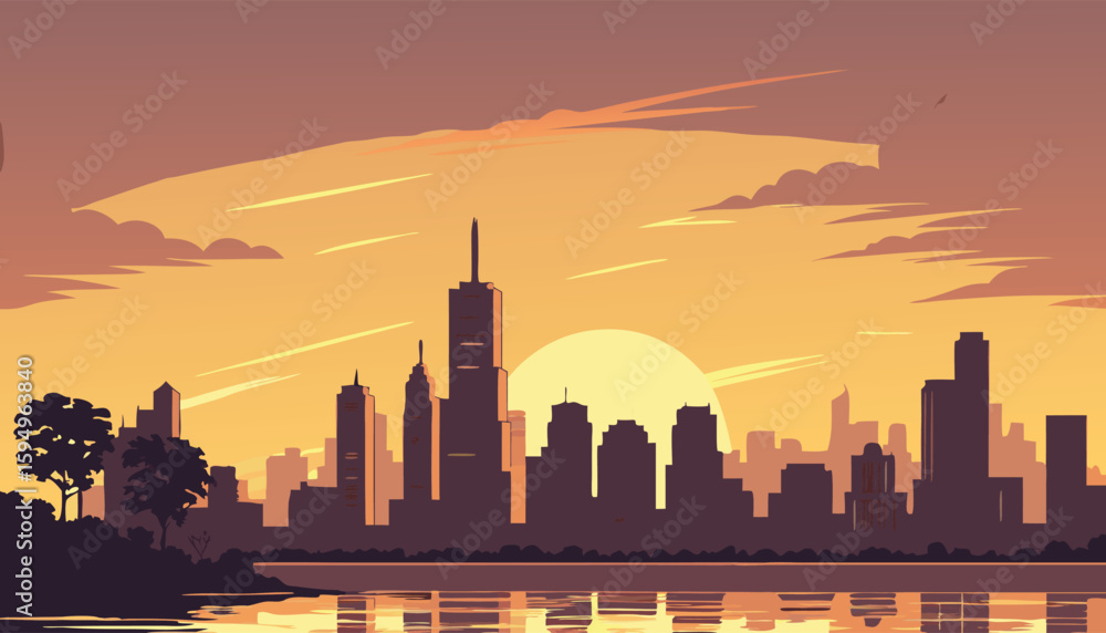Obraz premium Urban City Skyline at Sunset with Water Reflection