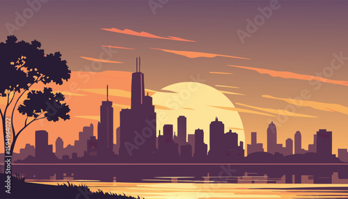Vector Silhouette of Modern Cityscape in Golden Hour