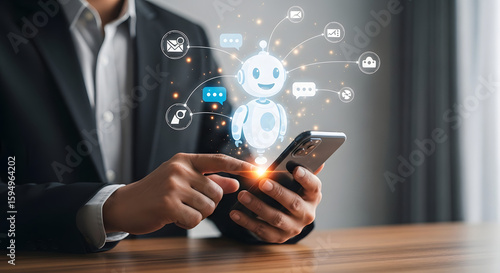 Wallpaper Mural A businessman interacts with a digital chatbot on a smartphone, showcasing AI technology. Torontodigital.ca