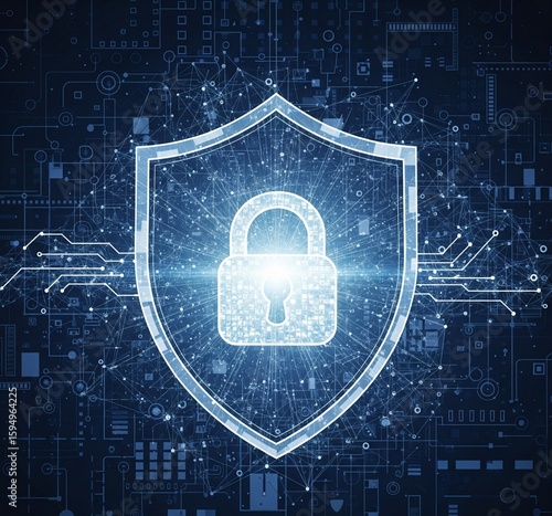 Digital security concept: a padlock icon on a blue background, symbolizing data protection and internet safety with a subtle blueprint pattern