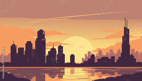 Urban City Skyline at Sunset with Water Reflection