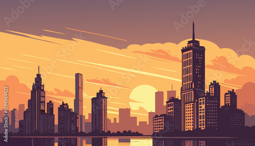 Urban City Skyline at Sunset with Water Reflection