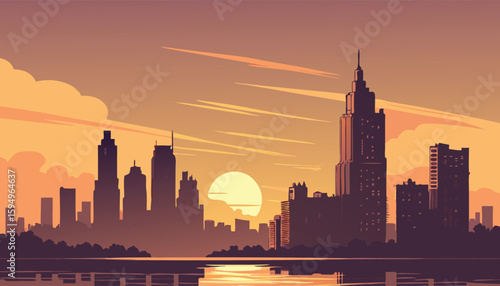 Vector Silhouette of Modern Cityscape in Golden Hour