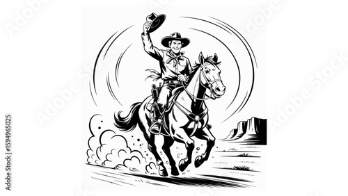 Cowboy Riding Horse Waving Hat – Action Western Comic Line Art

