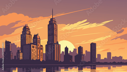Vector Silhouette of Modern Cityscape in Golden Hour
