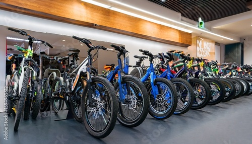 row of modern electric bikes displayed for sale in a bicycle shop