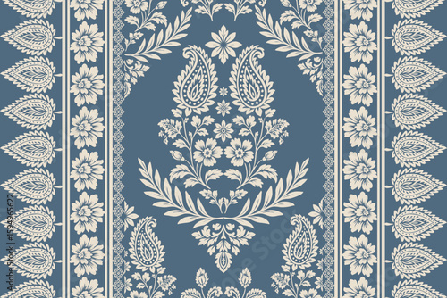 Seamless ethnic ikat floral damask pattern with paisley motifs and embroidery border in traditional Indian and African boho style, aztec ornament for textile, fabric, clothing and decoration design.