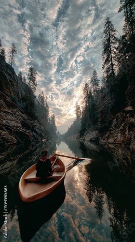 Mountain River Landscape with Rowboat and Scenic Views