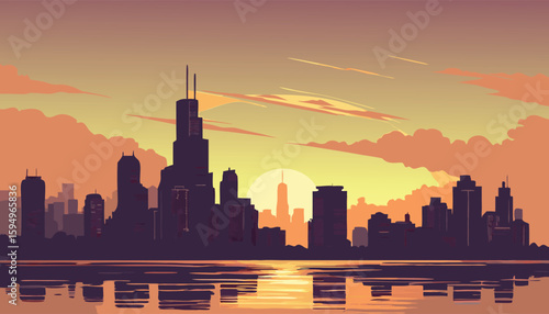 Vector Silhouette of Modern Cityscape in Golden Hour