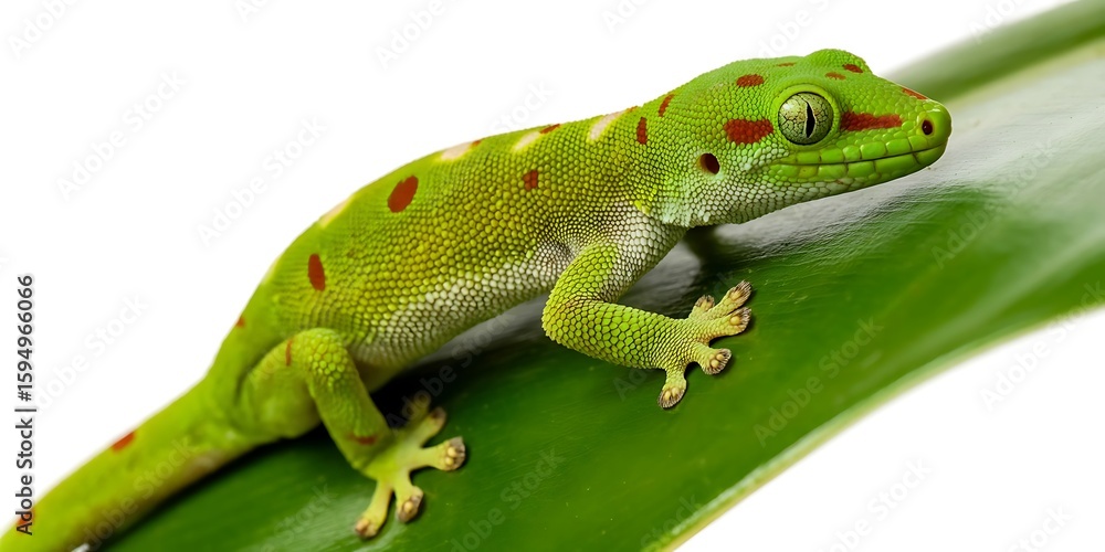 Fototapeta premium A gold dust day gecko, isolated on white background, is perched on a leaf, displaying its vibrant colors and unique patterns