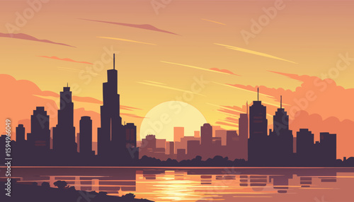 Vector Silhouette of Modern Cityscape in Golden Hour
