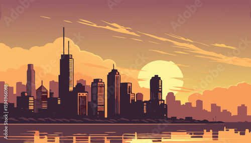 Urban City Skyline at Sunset with Water Reflection