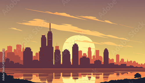 Vector Silhouette of Modern Cityscape in Golden Hour