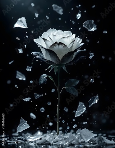 A Solitary White Rose Amidst Shattered Glass: A Surreal Vision of Fragility and Resilience