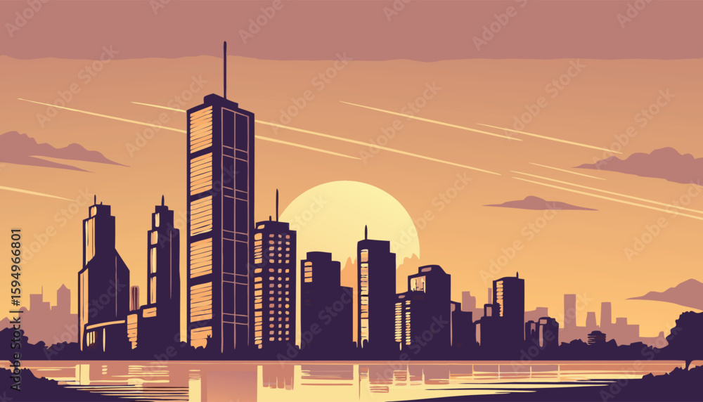 Obraz premium Vector Silhouette of Modern Cityscape in Golden Hour