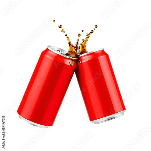 Two red cola can toasting with splash isolated on transparent background