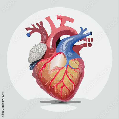 Anatomical Heart: A meticulously detailed depiction of the human heart, showcasing its intricate structure and complex network of blood vessels in a photorealistic medical illustration.
