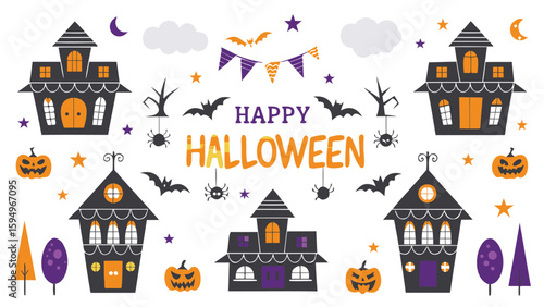 Halloween themed illustration with haunted houses, pumpkins, bats and happy halloween text