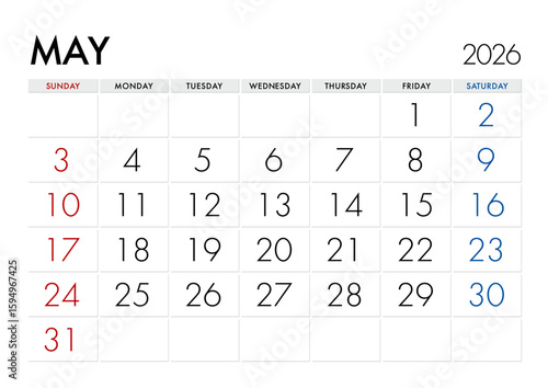 2026年5月のカレンダー日曜始まり 日本の祝日表記無し