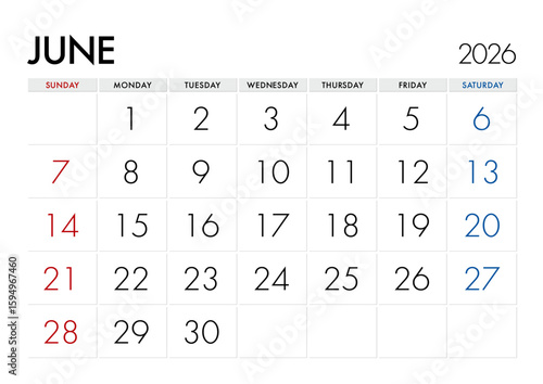 2026年6月のカレンダー日曜始まり