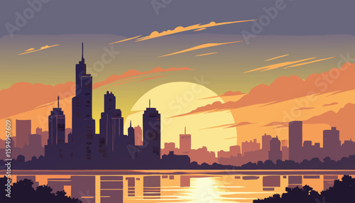 Vector Silhouette of Modern Cityscape in Golden Hour