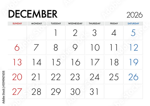 2026年12月のカレンダー日曜始まり 日本の祝日表記無し