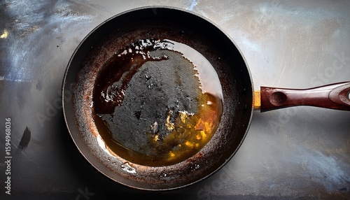 used frying pan with oil and burnt residue