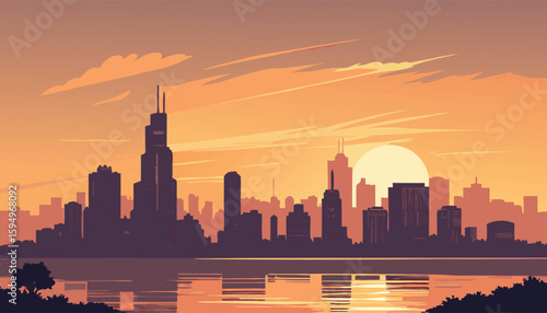 Urban City Skyline at Sunset with Water Reflection