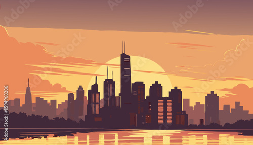 Urban City Skyline at Sunset with Water Reflection