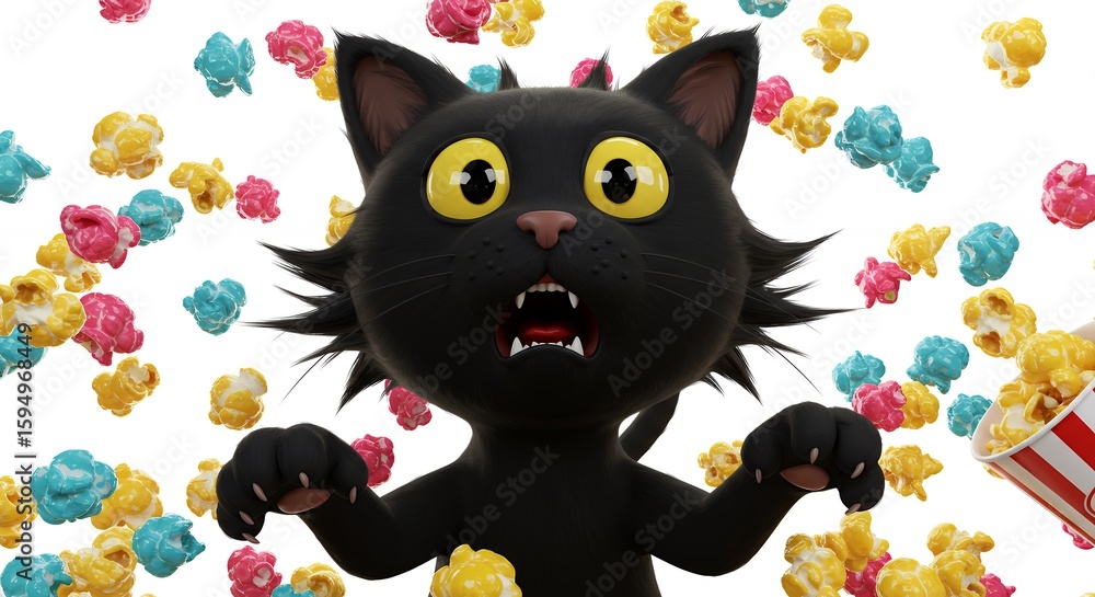 Fototapeta premium Cartoon black cat surrounded by popcorn