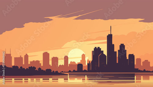 Vector Silhouette of Modern Cityscape in Golden Hour