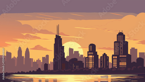 Urban City Skyline at Sunset with Water Reflection
