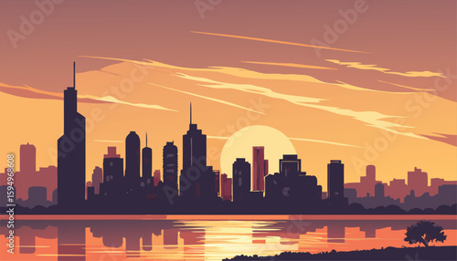 Vector Silhouette of Modern Cityscape in Golden Hour