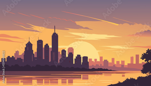 Vector Silhouette of Modern Cityscape in Golden Hour