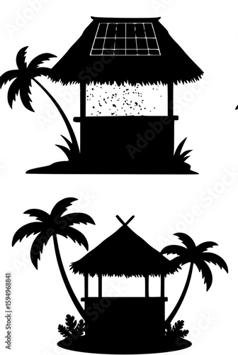 Silhouette of Solar-powered blender at tiki beach bar, zero-waste concept, black and white illustration
