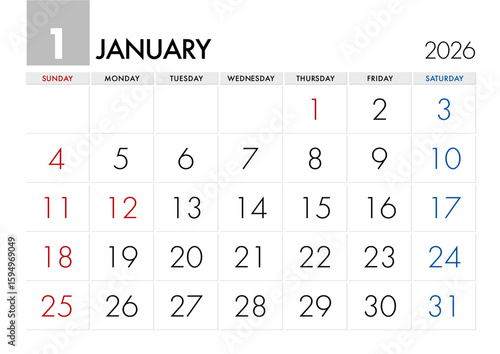 2026年1月のカレンダー日曜始まり