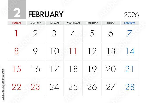 2026年2月のカレンダー日曜始まり
