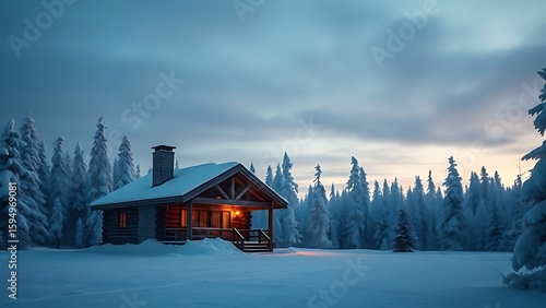 house in the snow mountains at night