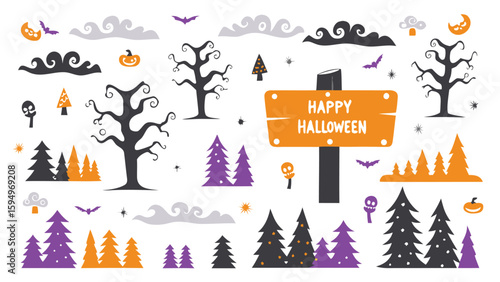 Halloween scene with trees, bats, pumpkins, clouds, and a happy halloween sign in orange and black