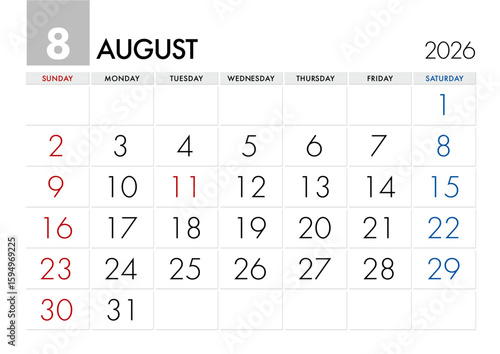 2026年8月のカレンダー日曜始まり