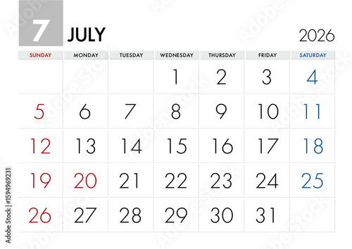 2026年7月のカレンダー日曜始まり