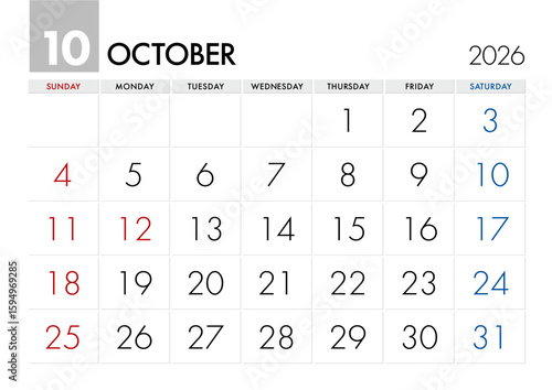 2026年10月のカレンダー日曜始まり