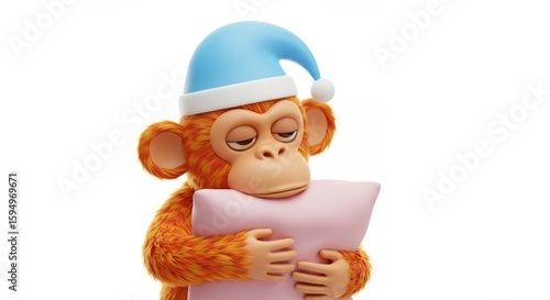 Sleepy monkey with pillow illustration