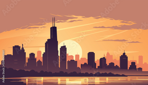 Vector Silhouette of Modern Cityscape in Golden Hour