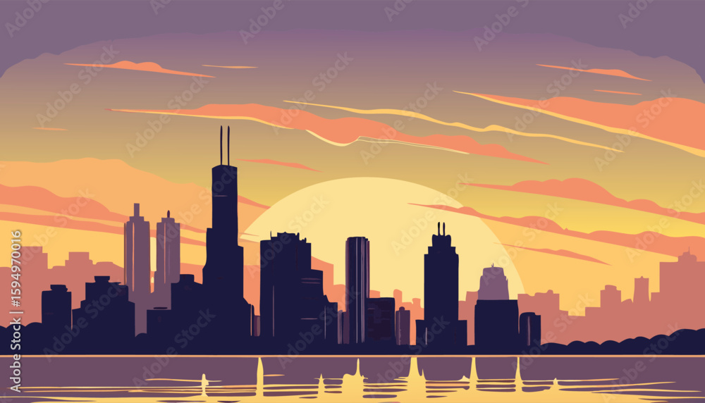 Naklejka premium Vector Silhouette of Modern Cityscape in Golden Hour